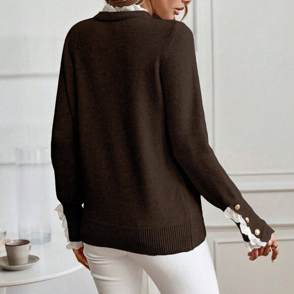 Brown Casual Women's Apricot Floral Trim Sweater - Picture 2 of 6